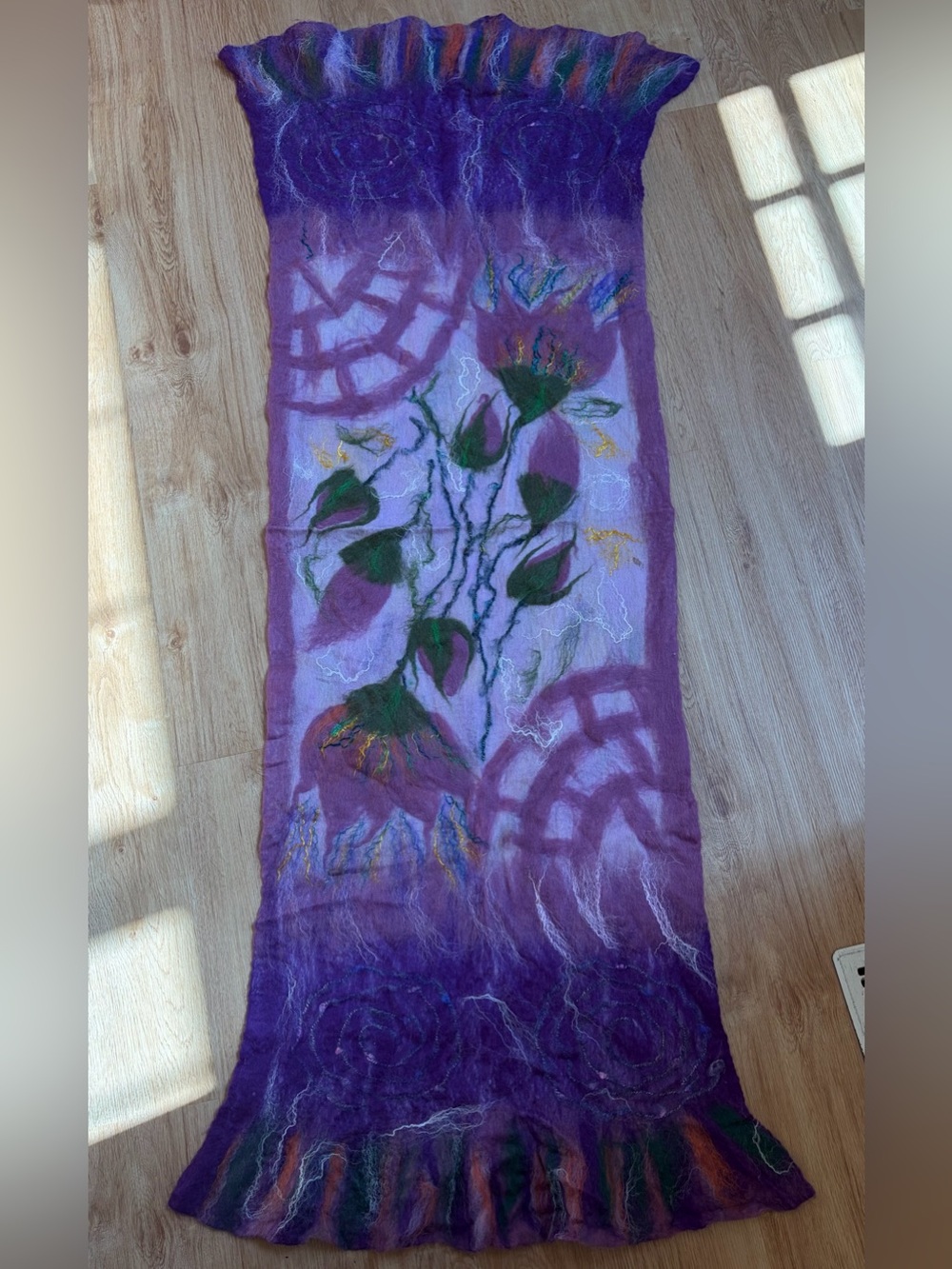 Handmade Scarf Wrap Felted Wool Purple Floral Artsy